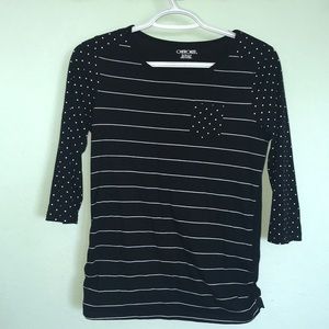 Black shirt with white stripes and polka dots